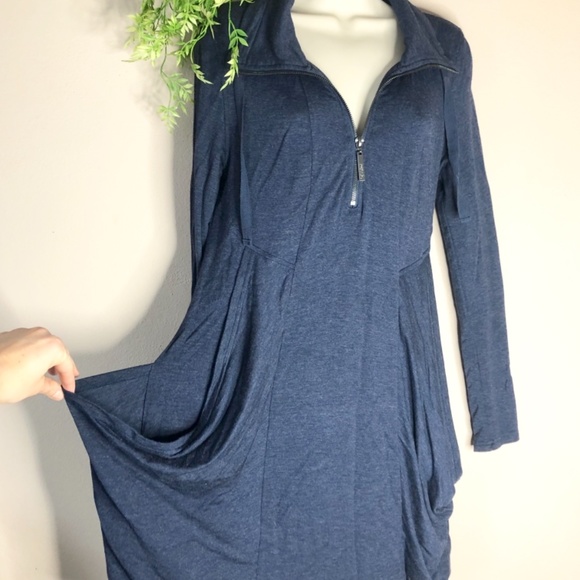 Athletic Flowy Blue Long Sleeve Tunic Draped Dress Top Pockets Relaxed Half Zip - Picture 2 of 7